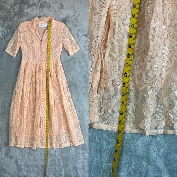 Vintage 90s Passports Pier 1 Pink Lace Midi Dress Medium Cottagecore Dainty - Picture 11 of 15